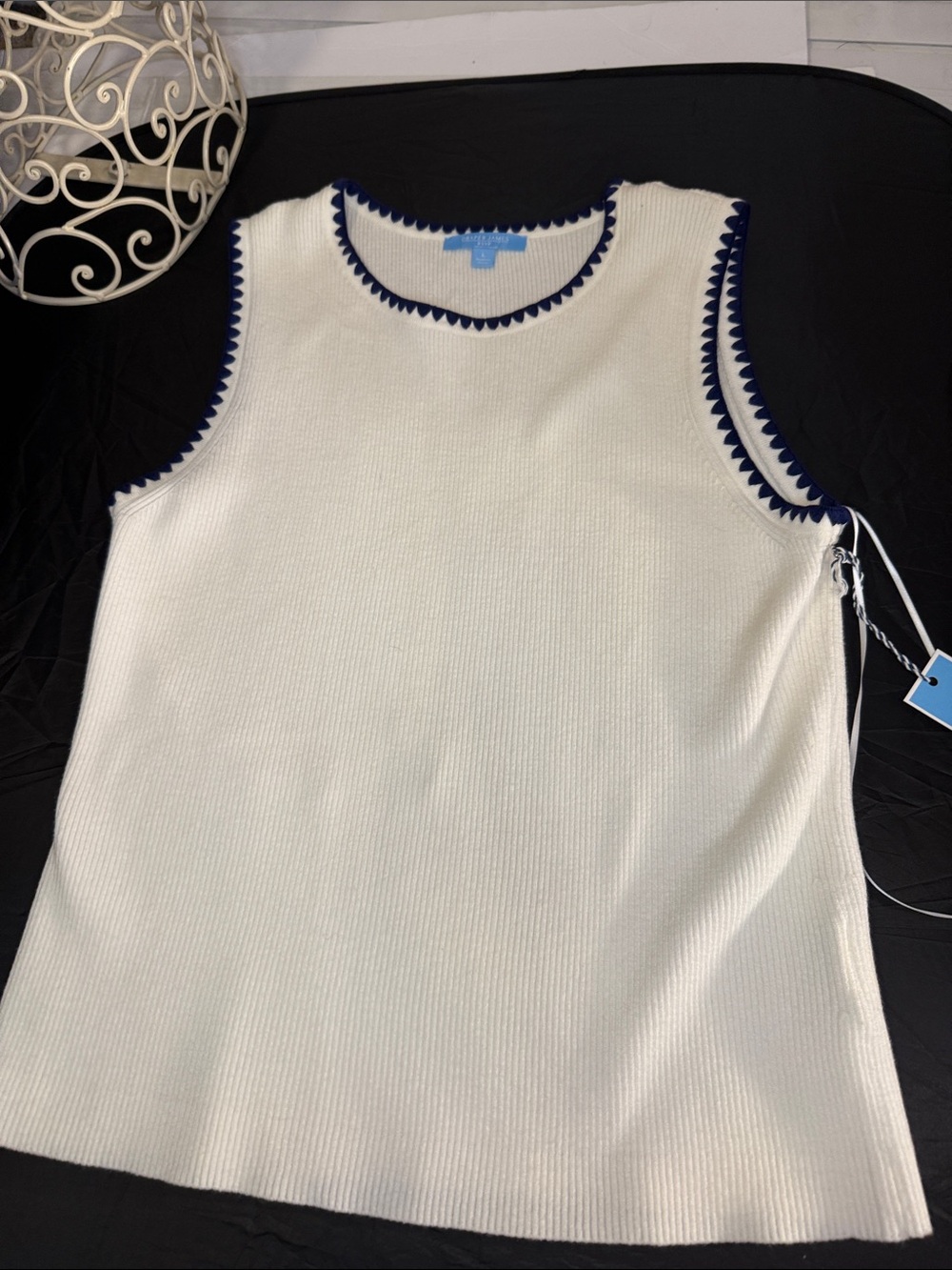 Draper James White Sleeveless Knit Top with Navy Trim